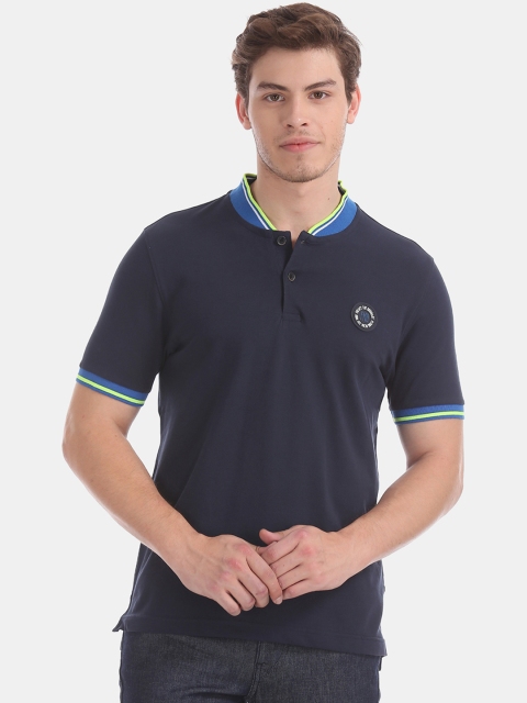 

Flying Machine Men Navy Blue Solid Mandarin Collar T-shirt