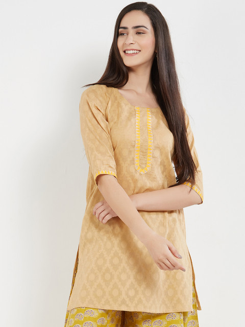 

Desi Weavess Women Beige Woven Design Jacquard Straight kurti