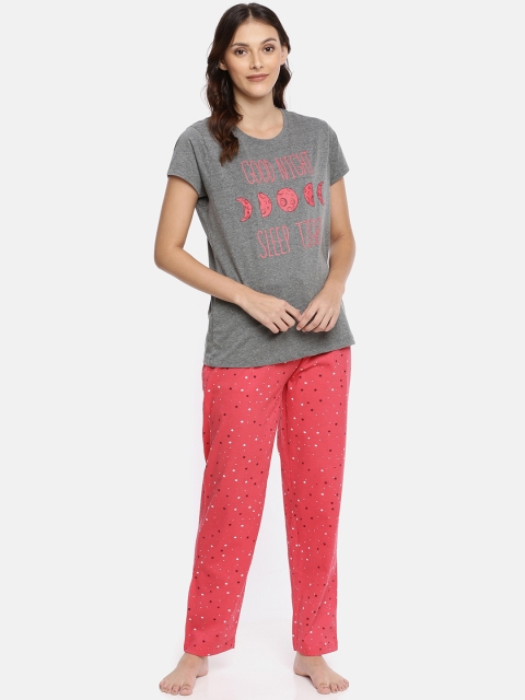 

Ellete Women Grey Melange & Red Printed Night suit