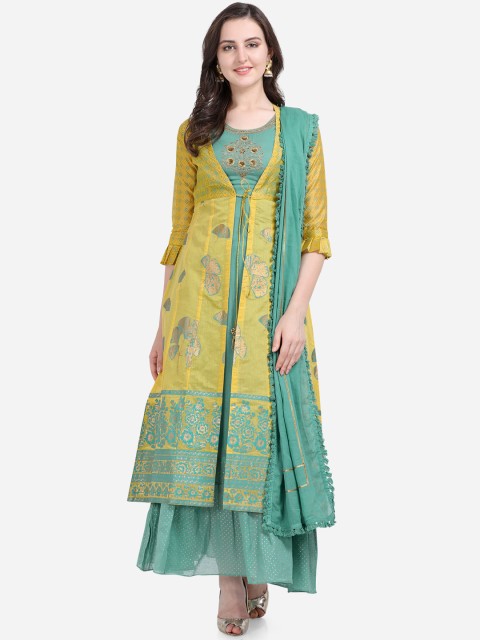 

Stylee LIFESTYLE Yellow & Sea Green Chanderi Silk Semi-Stitched Dress Material