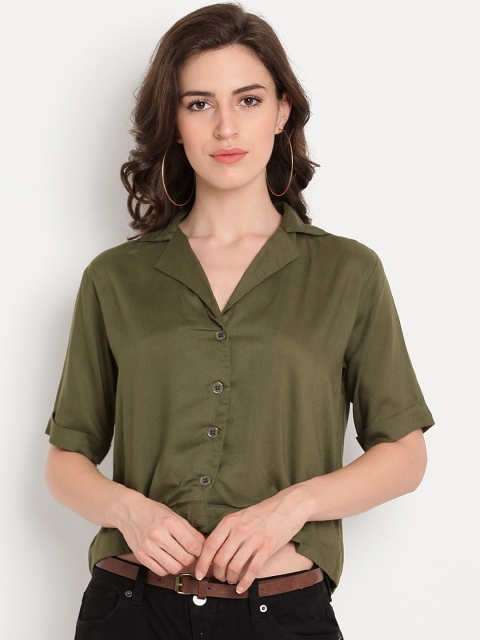 

TAG 7 Women Olive Green Solid Shirt Style Top
