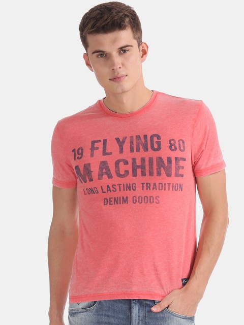 

Flying Machine Men Coral Pink Printed Round Neck T-shirt