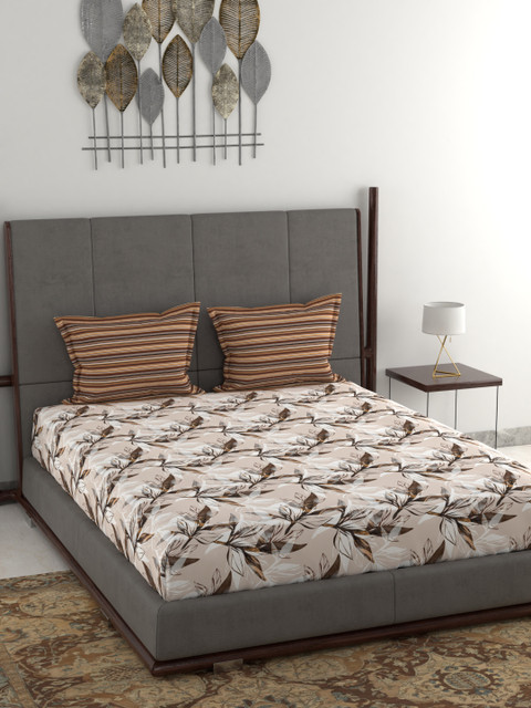 

Trident Brown & Off-White Floral 144 TC Cotton 1 Queen Bedsheet with 2 Pillow Covers
