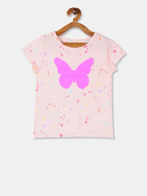 

The Childrens Place Girls Pink Sequinned Butterfly Round Neck T-shirt