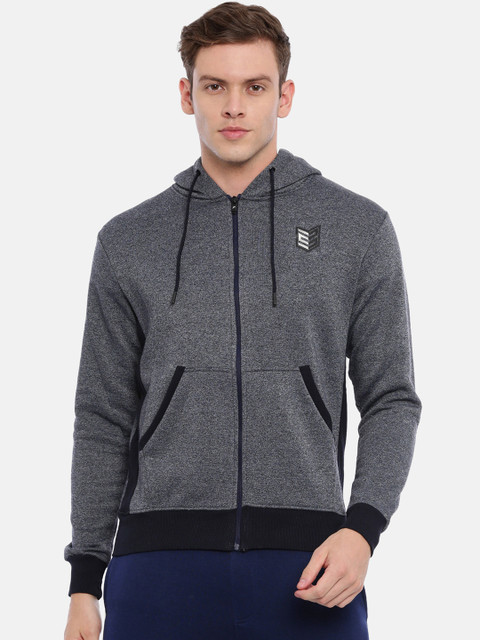 

Proline Active Men Grey & Navy Blue Solid Hooded Sweatshirt
