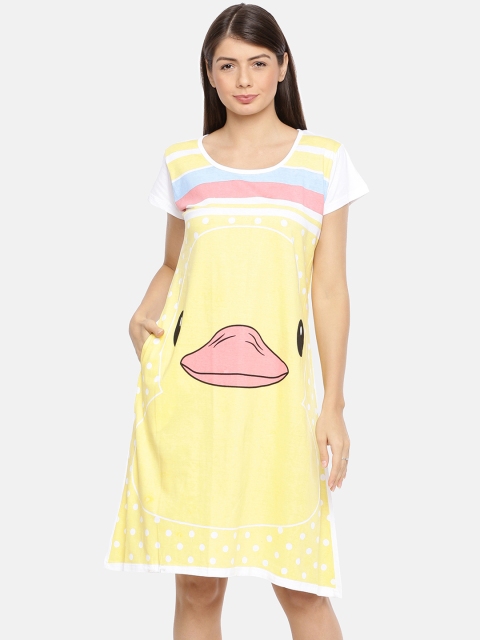 

Red Rose Yellow & Pink Duck Print Pure Cotton Sleep Shirt with Striped Detail