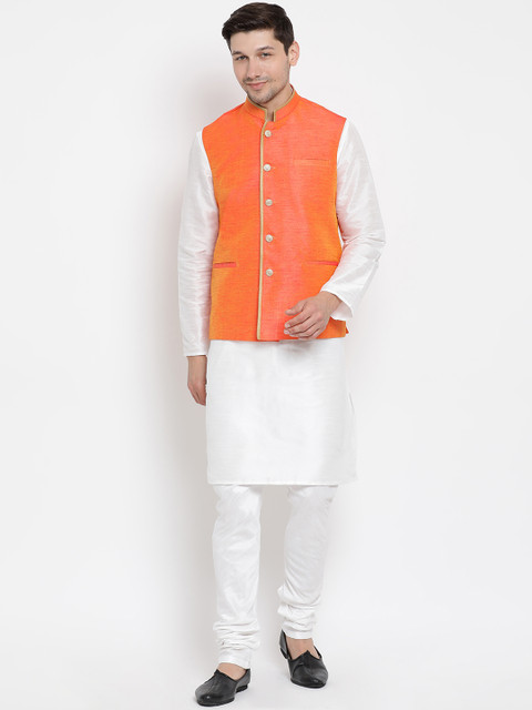 

VASTRAMAY Men White & Orange Solid Kurta Set