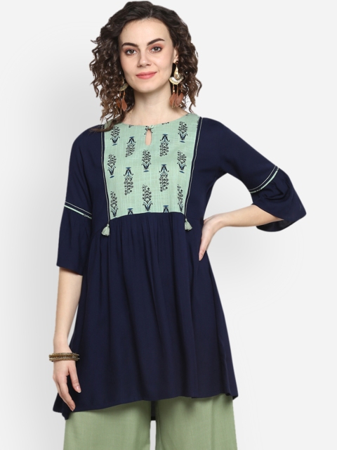 

Janasya Women's Navy Blue & Green Printed Tunic with Keyhole Neck