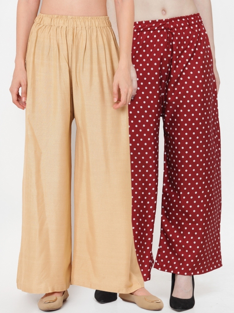 

TAG 7 Women Pack Of 2 Beige & Maroon Printed Flared Palazzos