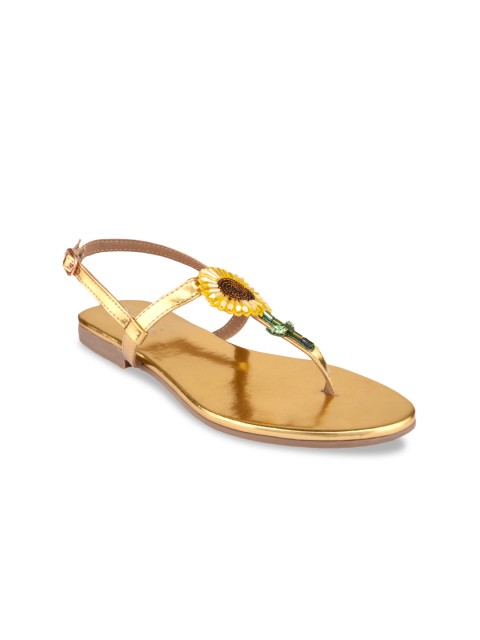 

CHINI C Women Gold-Toned Solid Leather T-Strap Flats