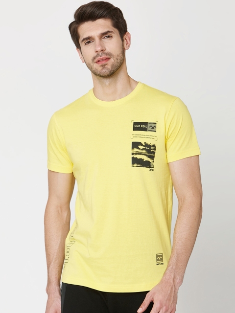 

Mufti Men Yellow Slim Fit Printed Round Neck Pure Cotton T-shirt