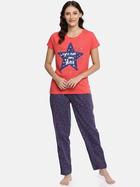 

Ellete Women Red & Navy Blue Printed Night Suit EPJ064