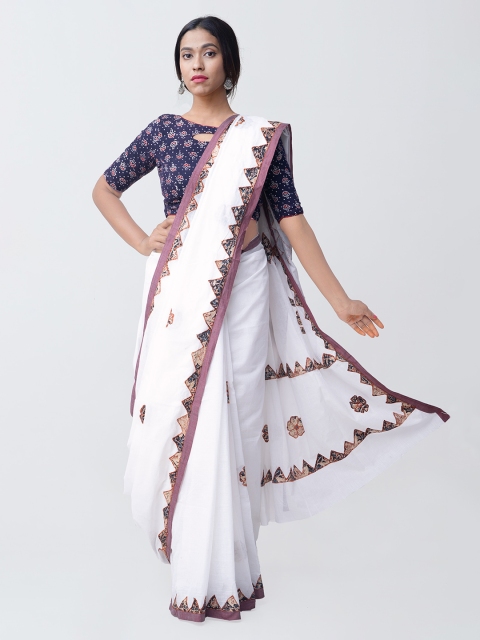 

Unnati Silks White & Beige Pure Cotton Kalamkari Printed Handloom Saree