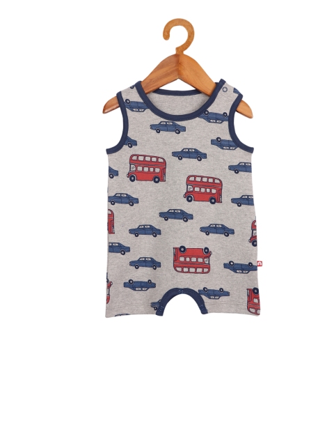 

Nino Bambino Infant Kids Grey & Blue Printed Pure Organic Cotton Romper