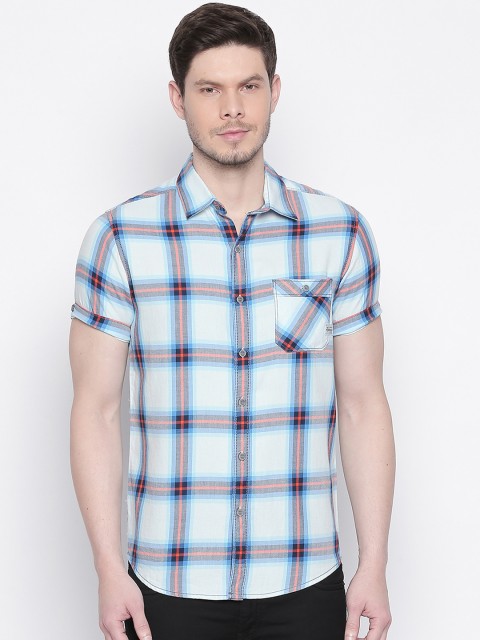 

Mufti Men White & Blue Slim Fit Checked Casual Shirt