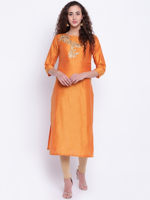 Shakumbhari Women Orange Embroidered Straight Kurta