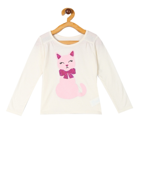 

The Childrens Place Girls Off-White Printed Round Neck T-shirt With Embellishments
