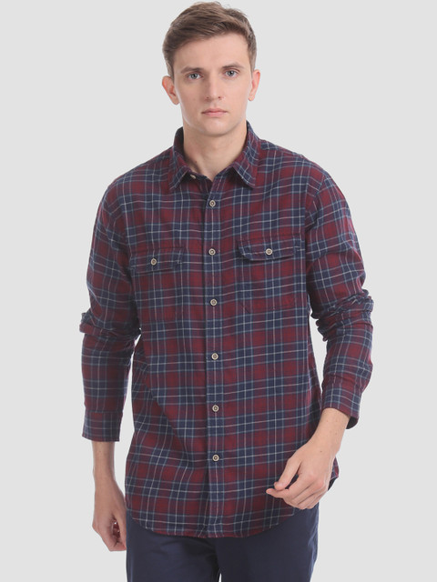 

Aeropostale Men Red & Navy Blue Slim Fit Checked Detachable Hooded Casual Shirt