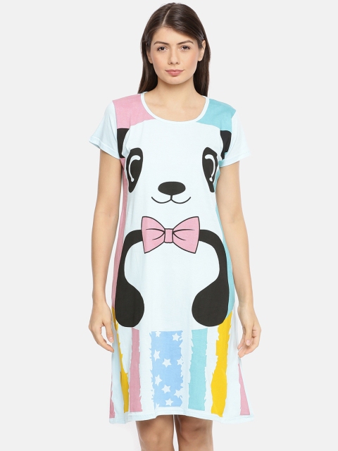 

Ellete Women Blue & Black Panda Printed Night Dress, White