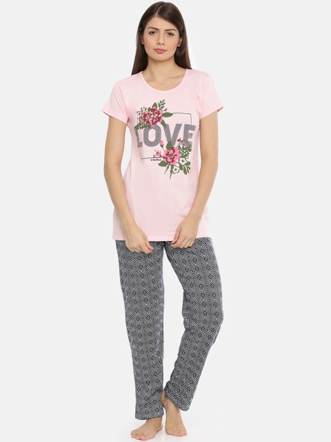 

Red Rose Women Pink & Black Printed Night suit