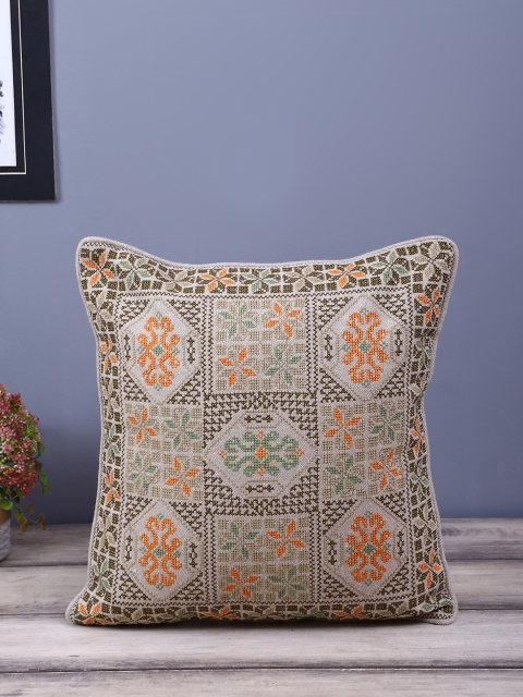

eyda Beige & Orange Single Embroidered Square Cushion Cover