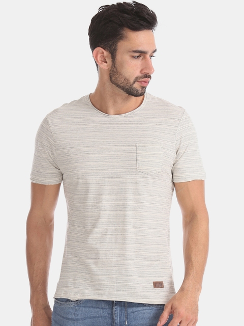 

Flying Machine Men Cream-Coloured Striped Round Neck T-shirt