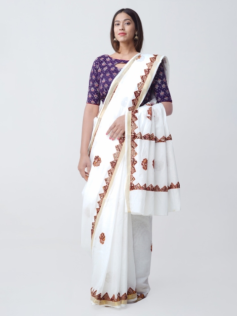 

Unnati Silks White & Brown Pure Cotton Kalamkari Printed Saree