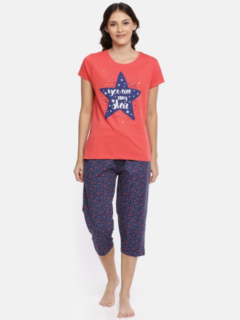 

Ellete Women Red & Navy Blue Printed Night suit