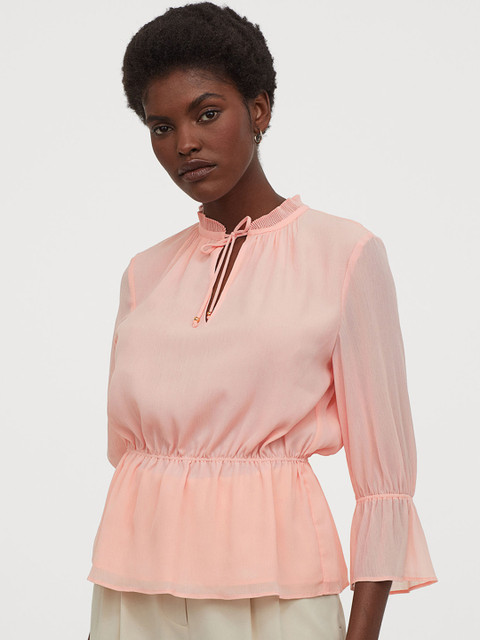 

H&M Women Pink Solid Crinkled Chiffon Blouse