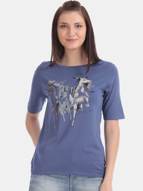 

U.S. Polo Assn. Women Blue Grey Printed Round Neck Pure Cotton T-shirt
