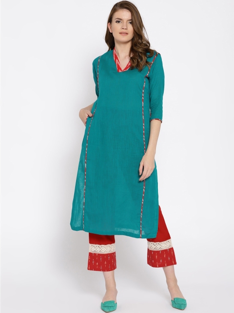 

Shakumbhari Women Sea Green Ikat Yoke Design Straight Kurta