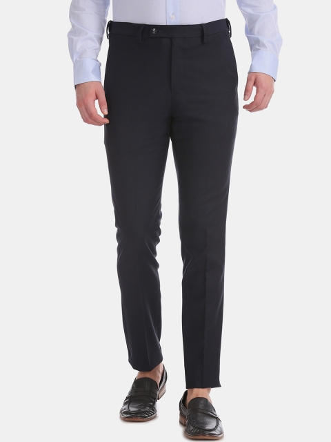 Arrow Men Navy Blue Tapered Fit Self Design Formal Trousers