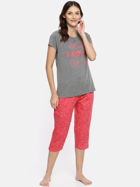 

Ellete Women Grey Melange & Coral Red Printed Night suit