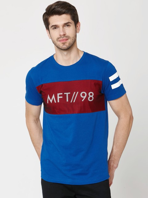 

Mufti Men Blue Printed Round Neck Pure Cotton T-shirt
