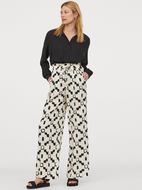 

H&M Women Beige & Black Printed Wide Trousers