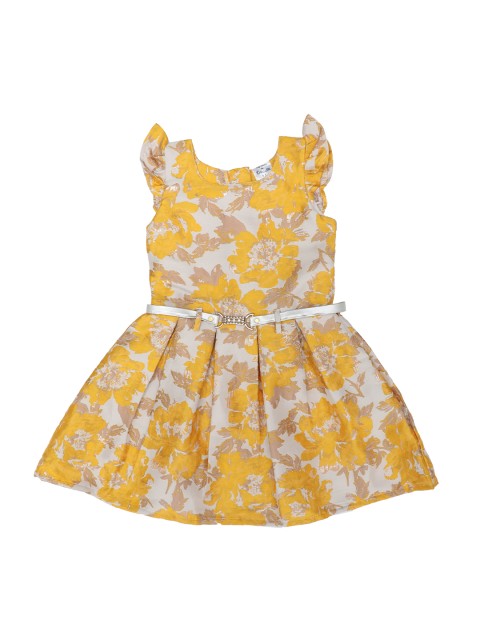 

Doodle Girls Yellow & White Floral Print Fit & Flare Dress with Belt