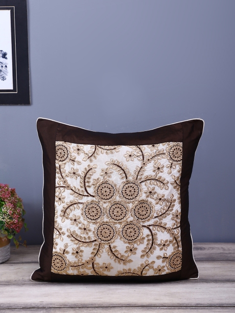 

eyda Coffee Brown & Cream-Coloured Embroidered Square Cushion Cover