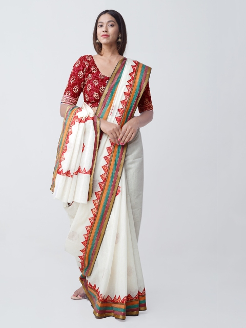 

Unnati Silks White & Red Pure Cotton Printed Handloom Saree