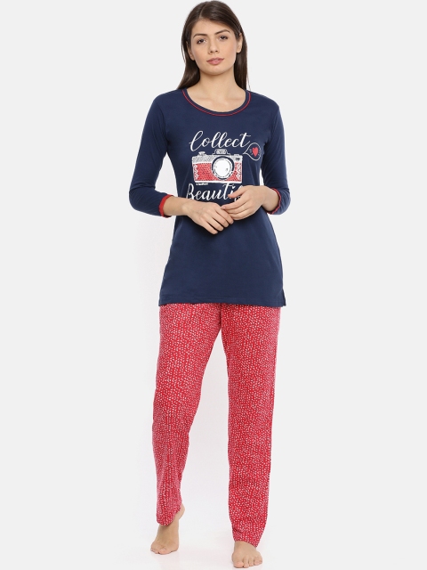 

Red Rose Women Navy Blue & Red Printed Night Suit