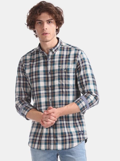 

Flying Machine Men White & Teal Blue Regular Fit Checked Casual Shirt