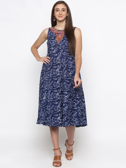 

Globus Women Blue & White Floral Printed Embroidered A-Line Dress