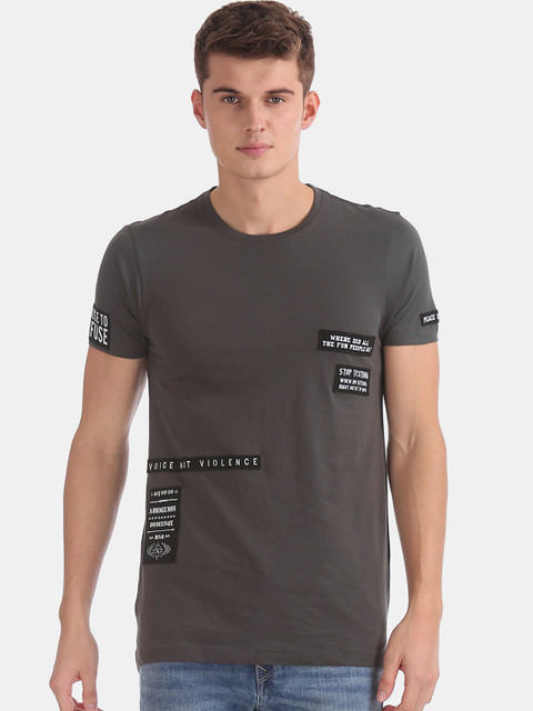 

Flying Machine Men Grey Printed Round Neck T-shirt