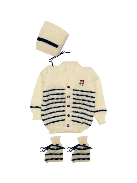 

MeeMee Infants Cream-Coloured Striped Cardigan Sweater With Booties & Cap