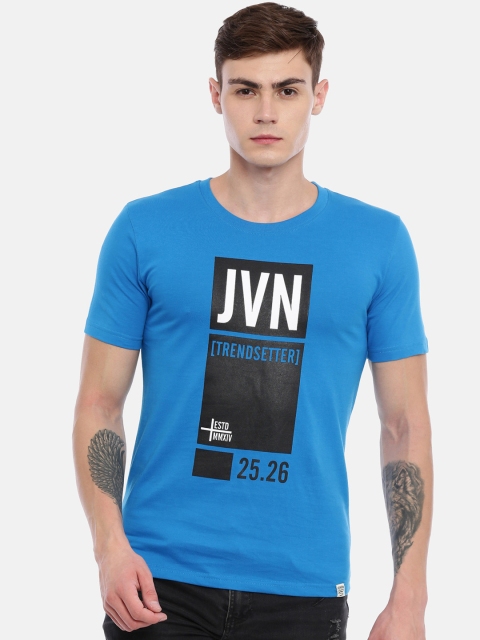 Joven Men Blue Printed Round Neck T-shirt