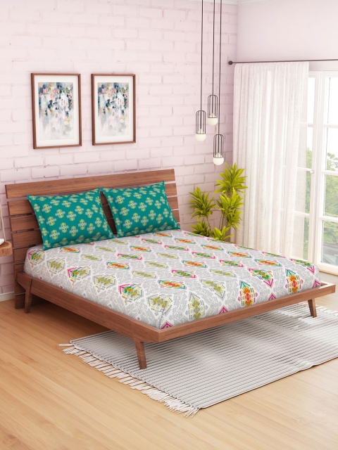 Green & Grey Abstract 144 TC Cotton 1 Queen Bedsheet with 2 Pillow Covers