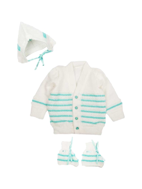 

MeeMee Unisex Kids White Striped Cardigan Sweater With Cap & Socks