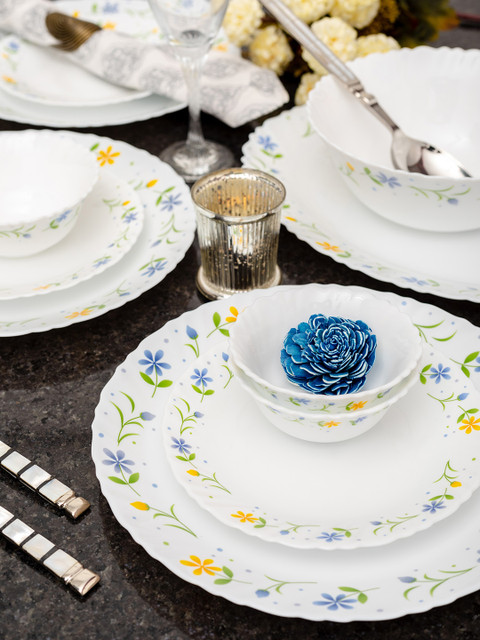 

Laopala White & Blue Twilight Bouquet Printed Opalware 33 Pieces Dinner Set