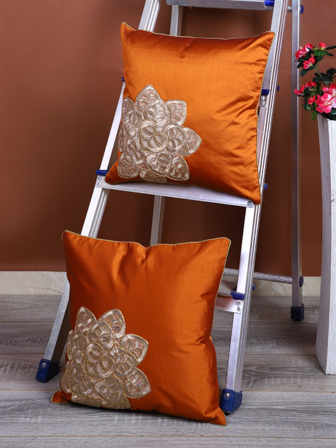 

eyda Orange & Gold-Toned Set of 2 Applique Square Cushion Covers