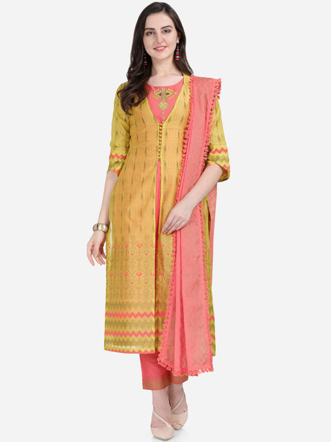 

Stylee LIFESTYLE Yellow & Coral Pink Art Silk Semi-Stitched Dress Material