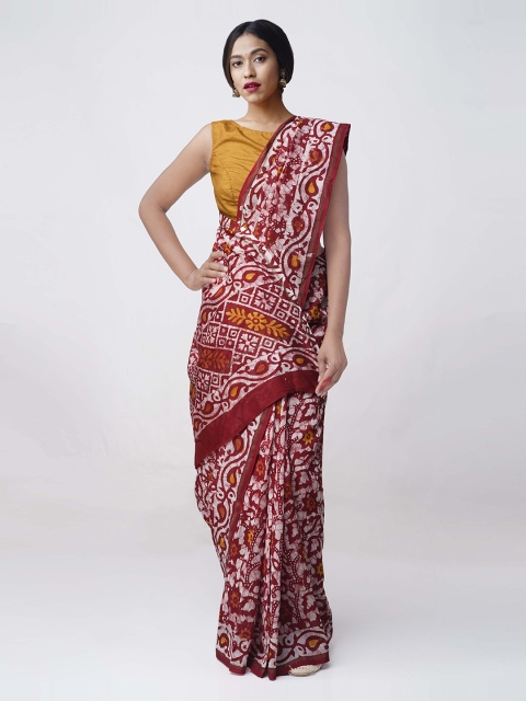 

Unnati Silks Red & Off-White Batik Printed Pure Chanderi Sico Handloom Saree